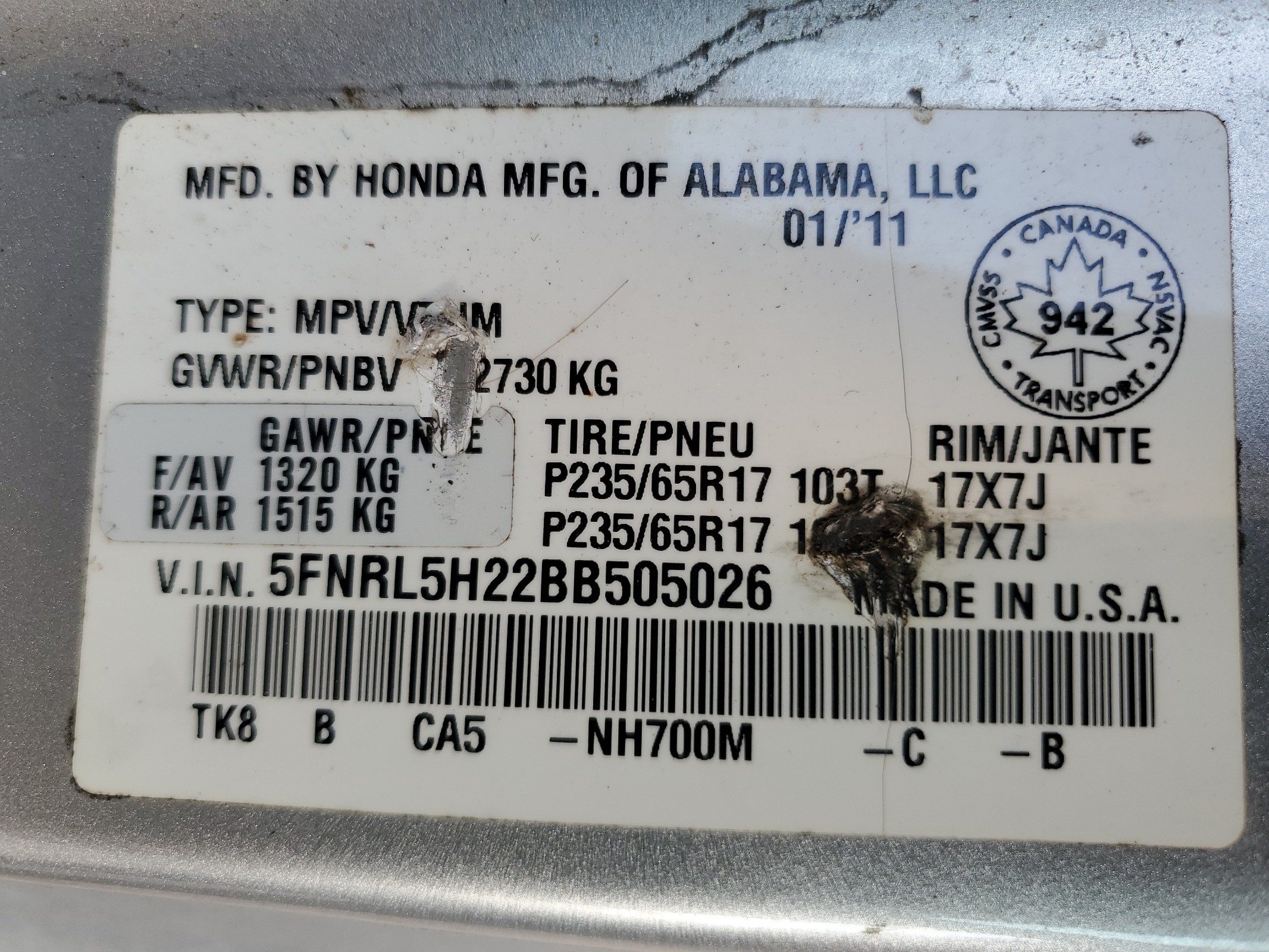 5FNRL5H22BB505026 2011 Honda Odyssey Lx