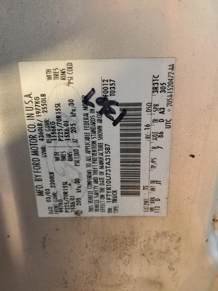 2003 Ford Ranger VIN: 1FTYR10U73TA31587 Lot: 67669544