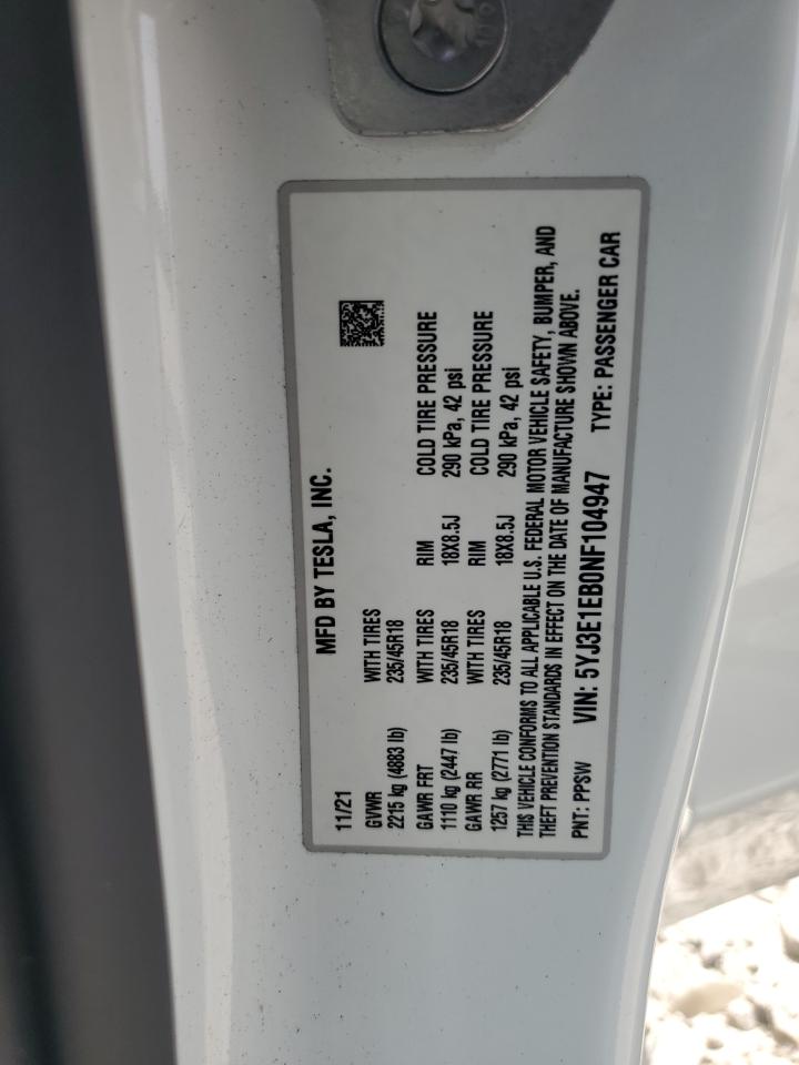 5YJ3E1EB0NF104947 2022 Tesla Model 3