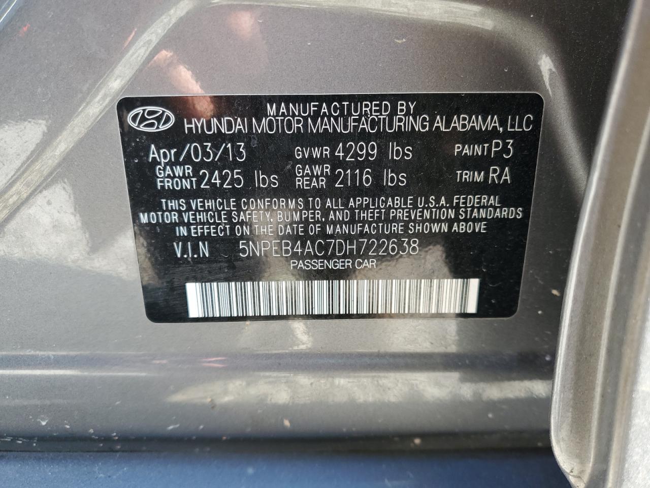 2013 Hyundai Sonata Gls VIN: 5NPEB4AC7DH722638 Lot: 81714784