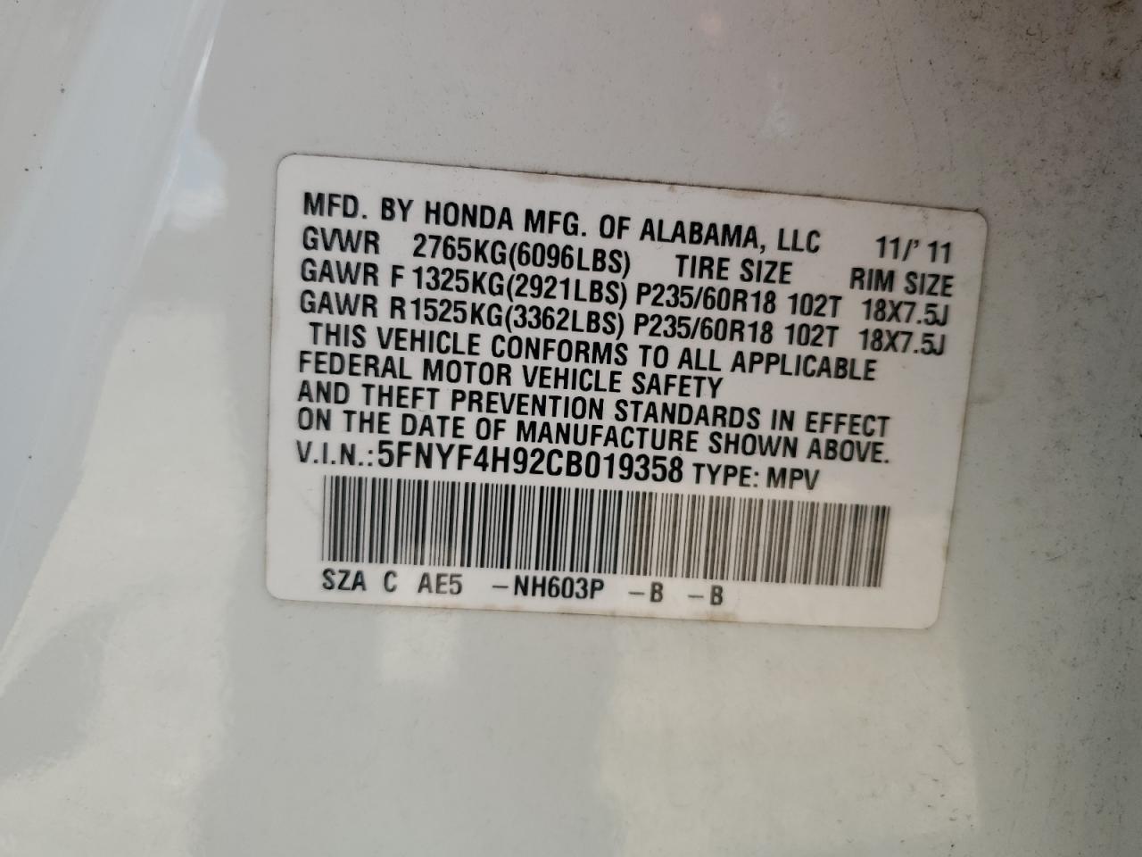 2012 Honda Pilot Touring VIN: 5FNYF4H92CB019358 Lot: 66802144