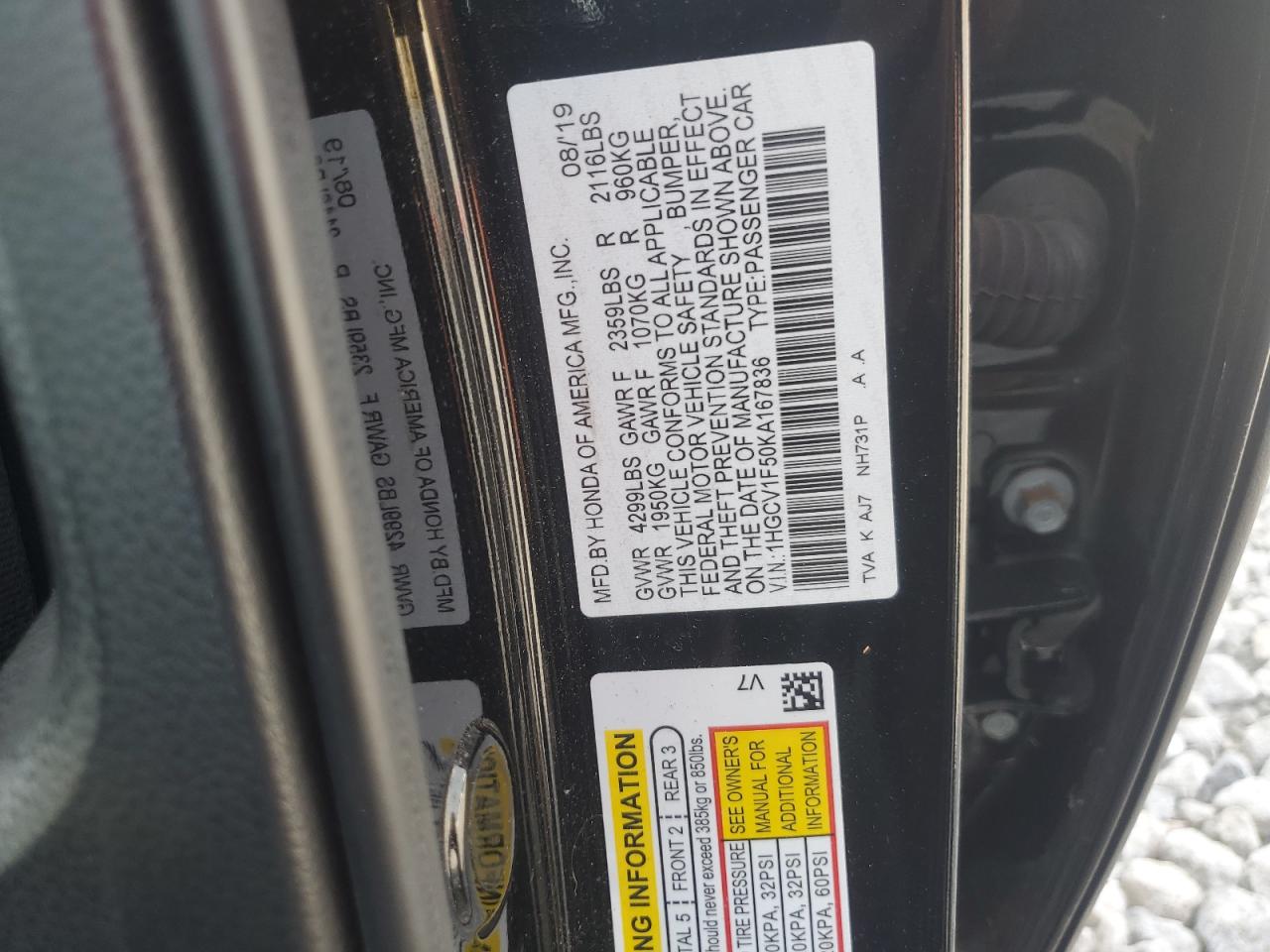 1HGCV1F50KA167836 2019 Honda Accord Exl