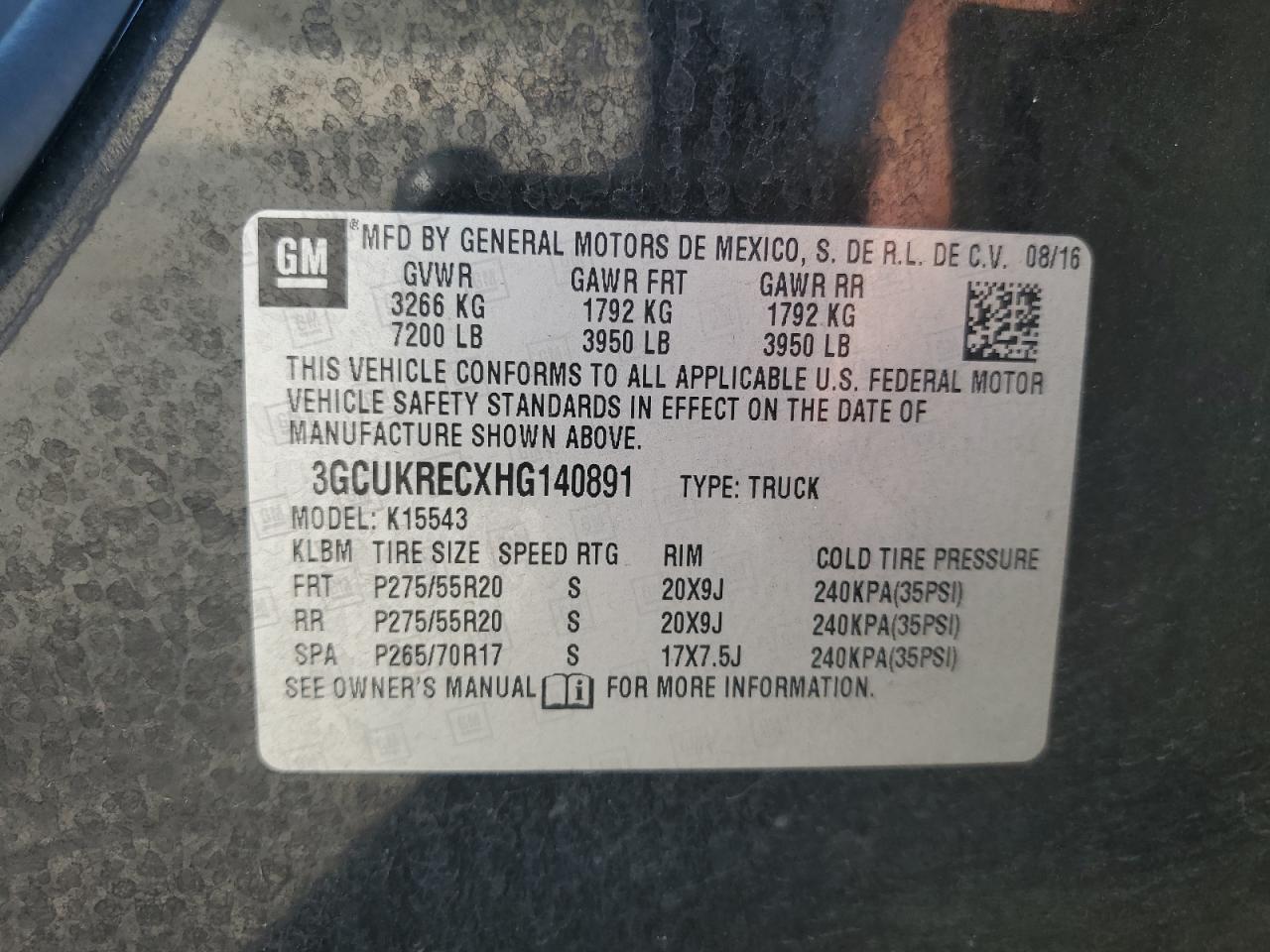 3GCUKRECXHG140891 2017 Chevrolet Silverado K1500 Lt