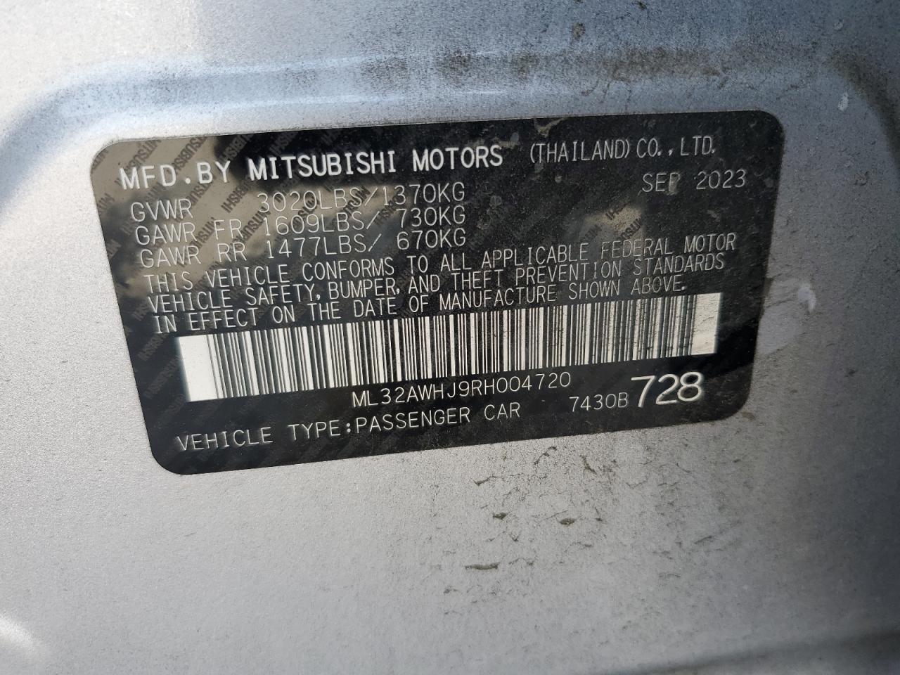 2024 Mitsubishi Mirage Se VIN: ML32AWHJ9RH004720 Lot: 65767654