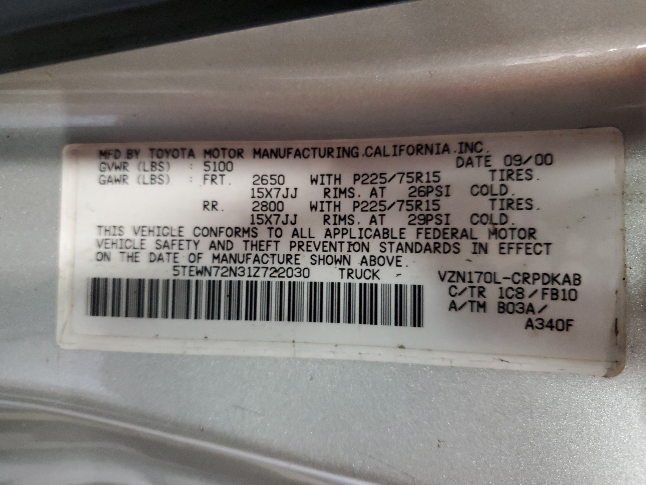 5TEWN72N31Z722030 2001 Toyota Tacoma Xtracab