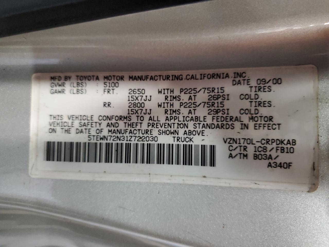 2001 Toyota Tacoma Xtracab VIN: 5TEWN72N31Z722030 Lot: 66394684