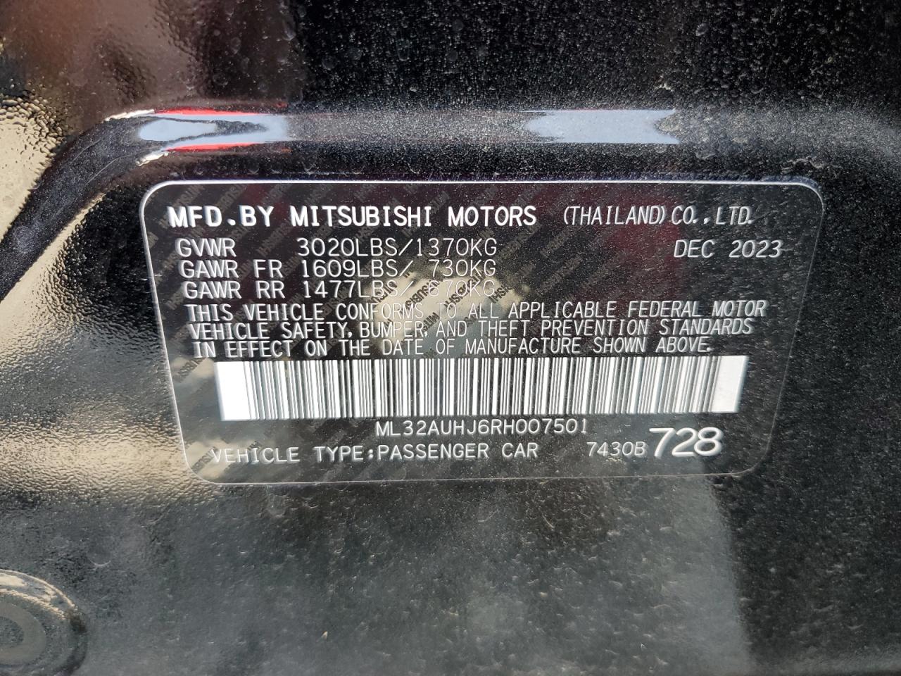 2024 Mitsubishi Mirage Es VIN: ML32AUHJ6RH007501 Lot: 64483294