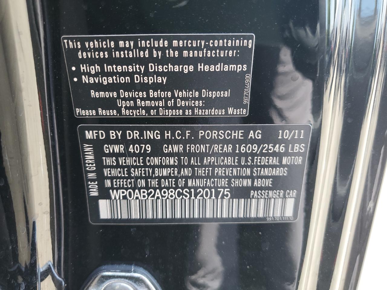 2012 Porsche 911 Carrera S VIN: WP0AB2A98CS120175 Lot: 66210224