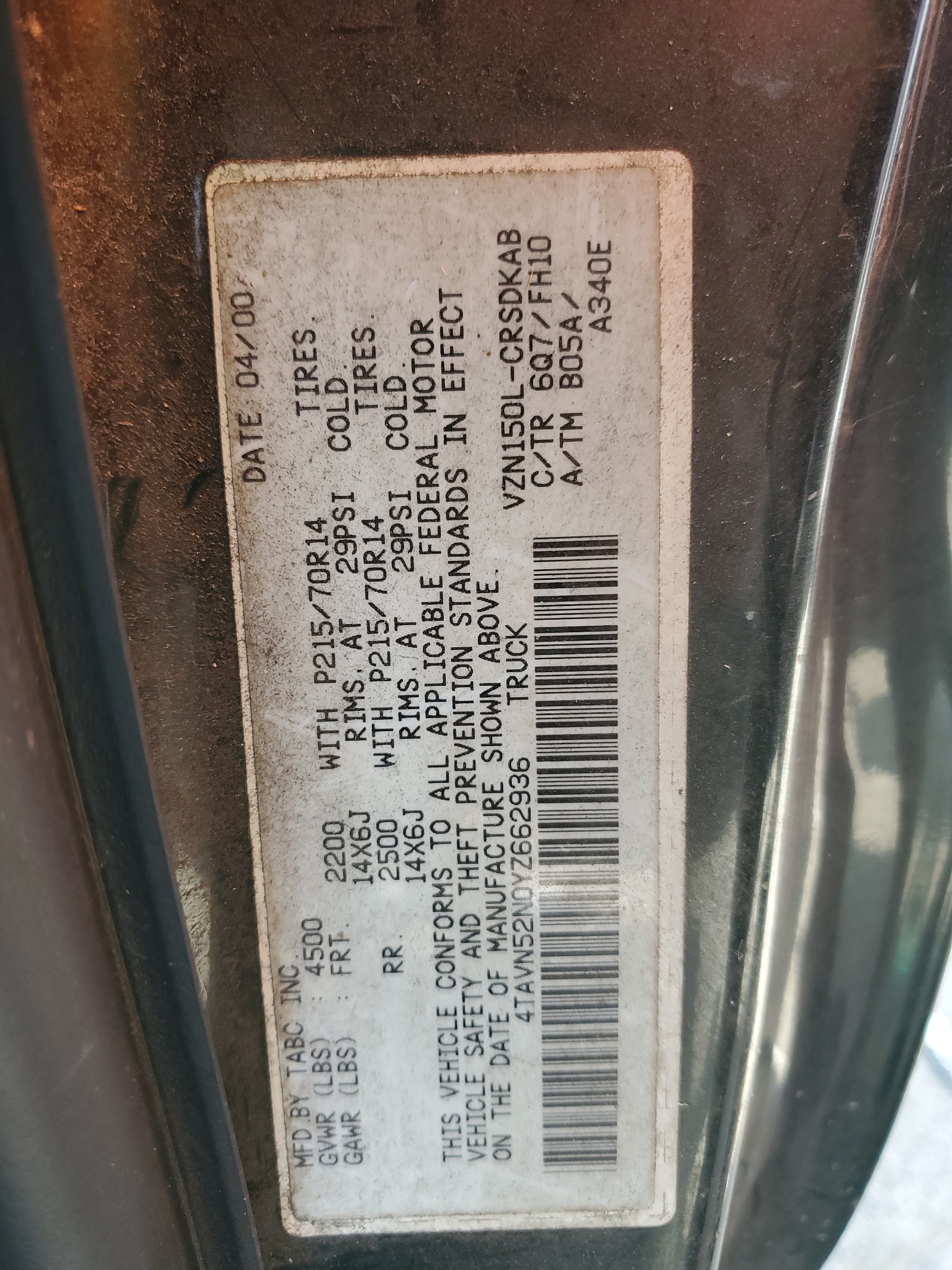 4TAVN52N0YZ662936 2000 Toyota Tacoma Xtracab