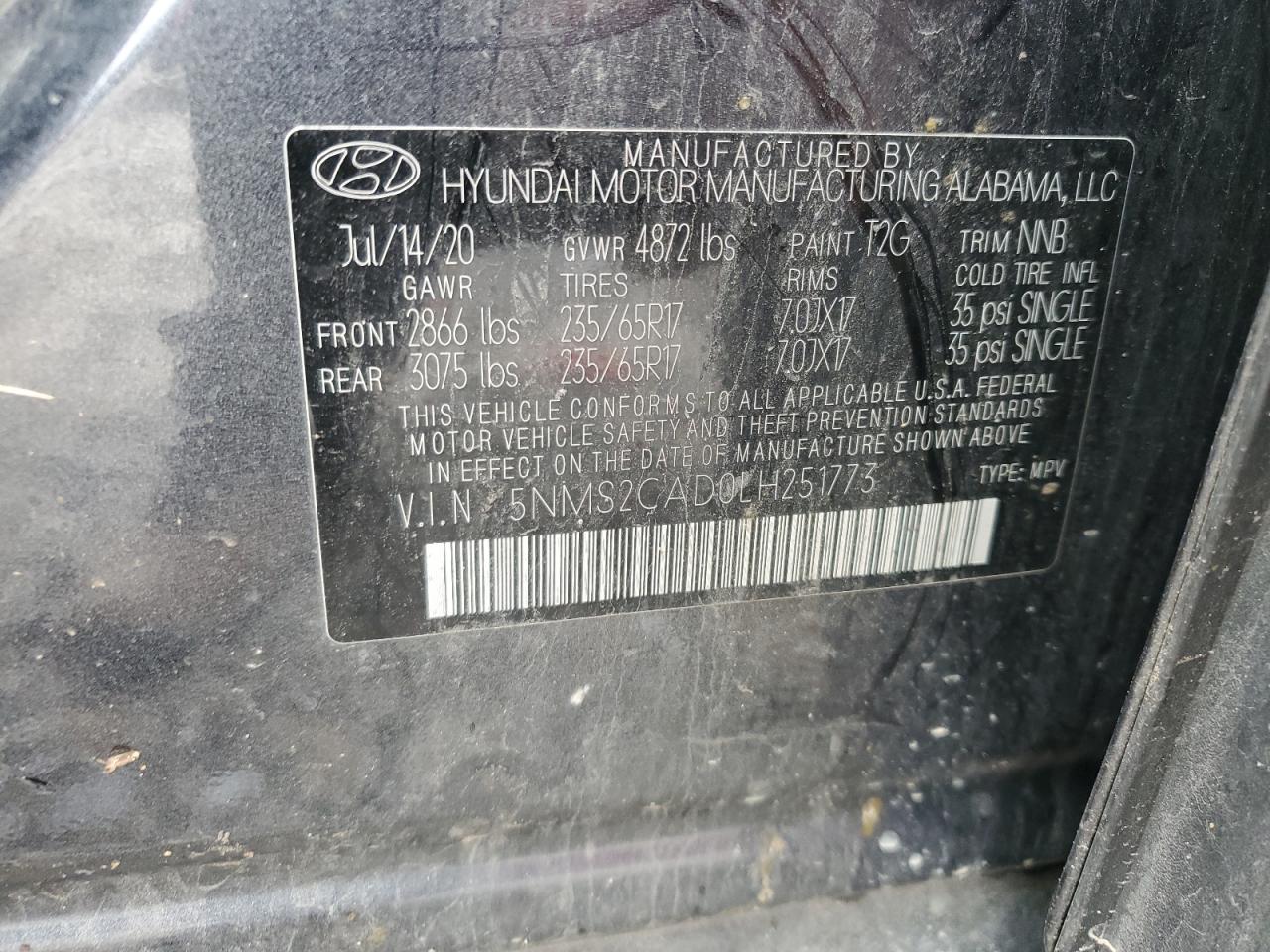 5NMS2CAD0LH251773 2020 Hyundai Santa Fe Se