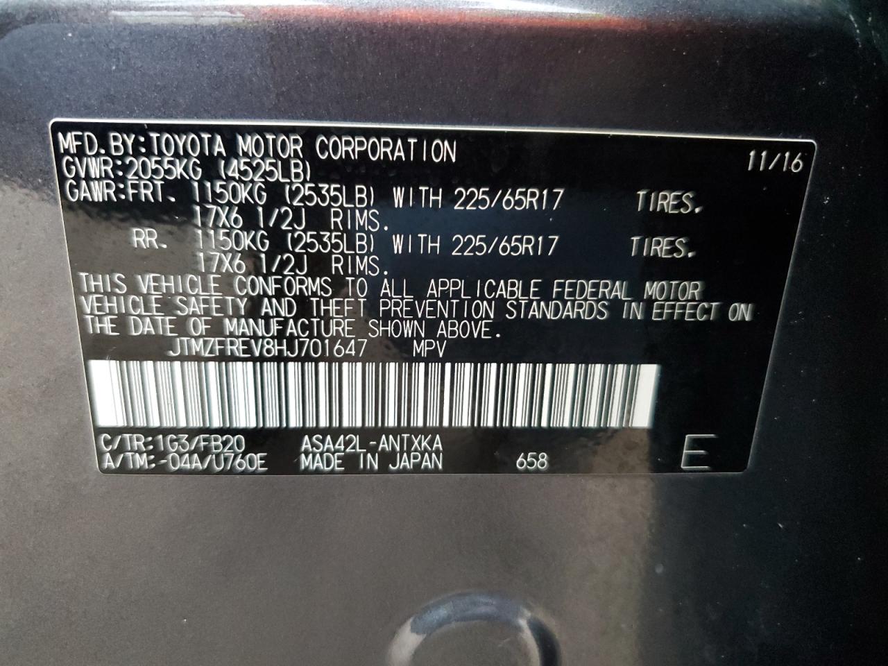 2017 Toyota Rav4 Le VIN: JTMZFREV8HJ701647 Lot: 69880564