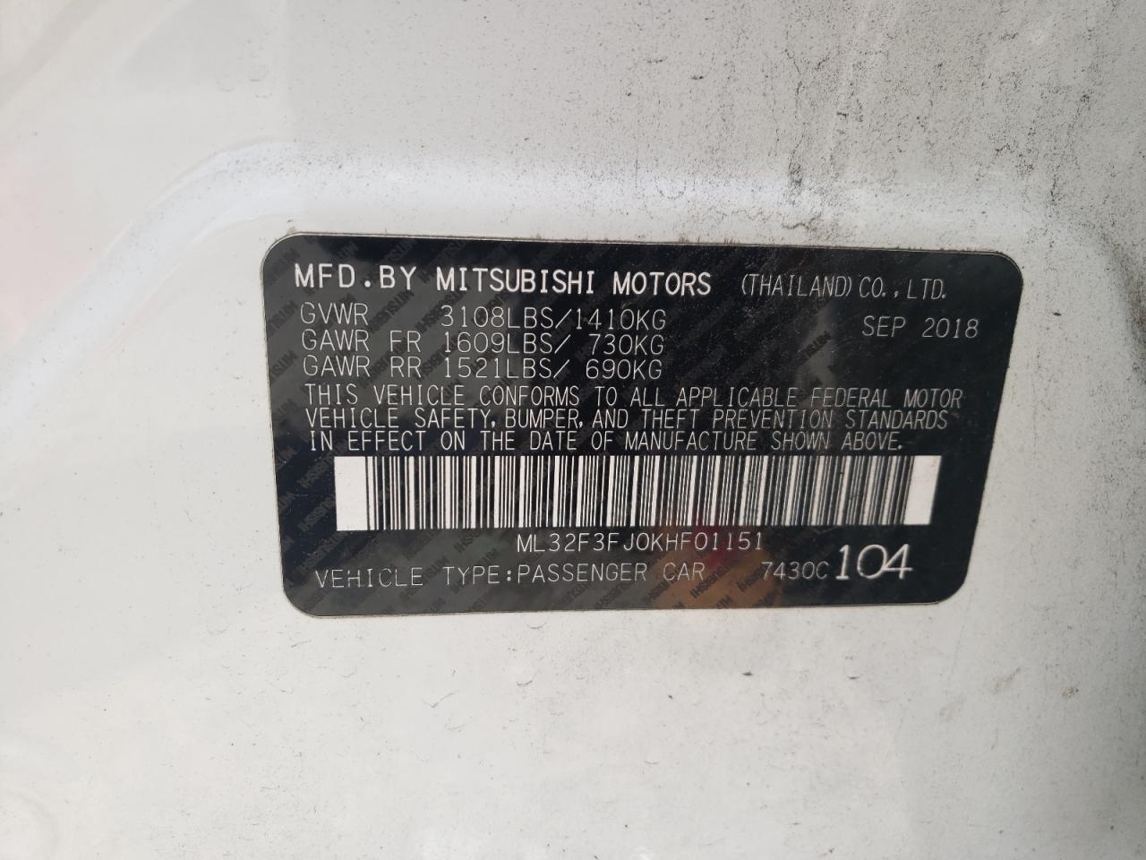 ML32F3FJ0KHF01151 2019 Mitsubishi Mirage G4 Es