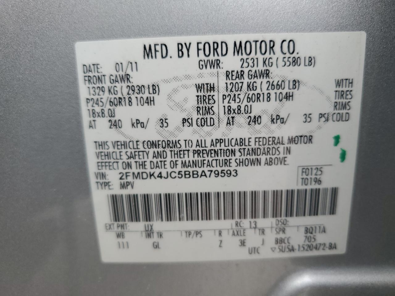 2011 Ford Edge Sel VIN: 2FMDK4JC5BBA79593 Lot: 67141574