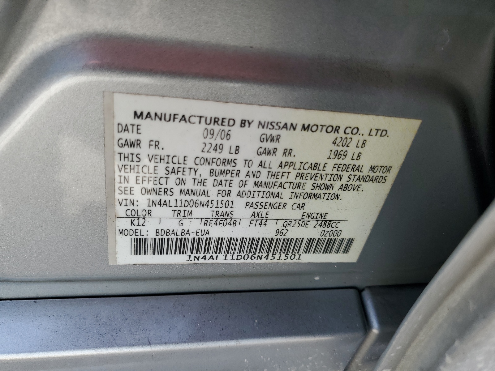 1N4AL11D06N451501 2006 Nissan Altima S