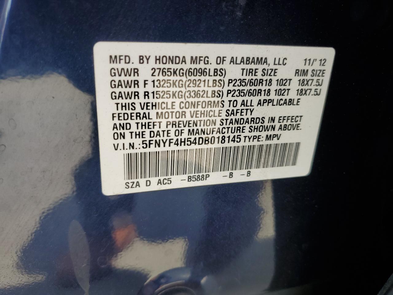 2013 Honda Pilot Exl VIN: 5FNYF4H54DB018145 Lot: 65483304