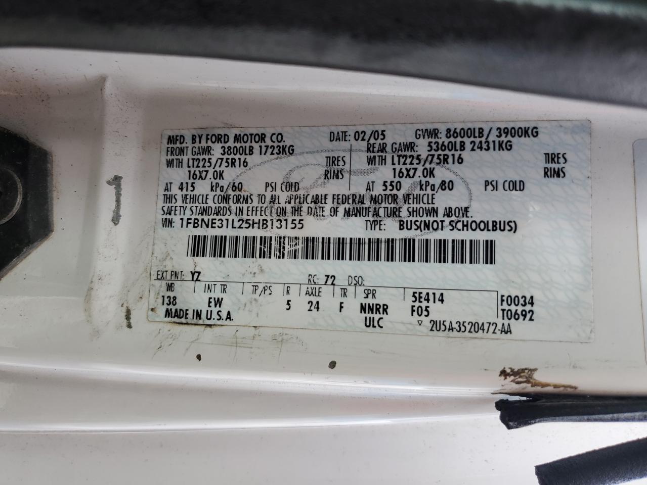 2005 Ford Econoline E350 Super Duty Wagon VIN: 1FBNE31L25HB13155 Lot: 64953514