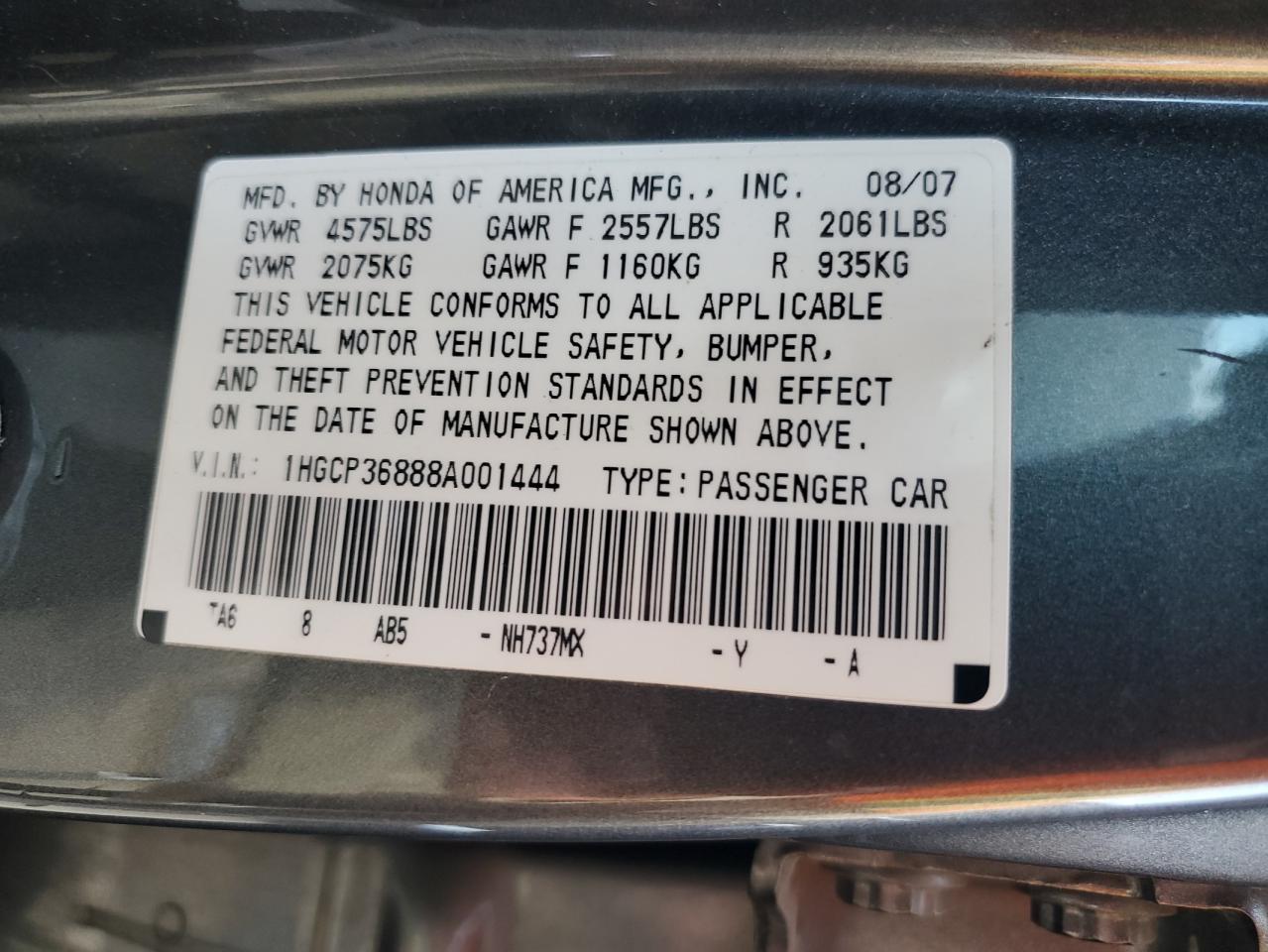 2008 Honda Accord Exl VIN: 1HGCP36888A001444 Lot: 68263944