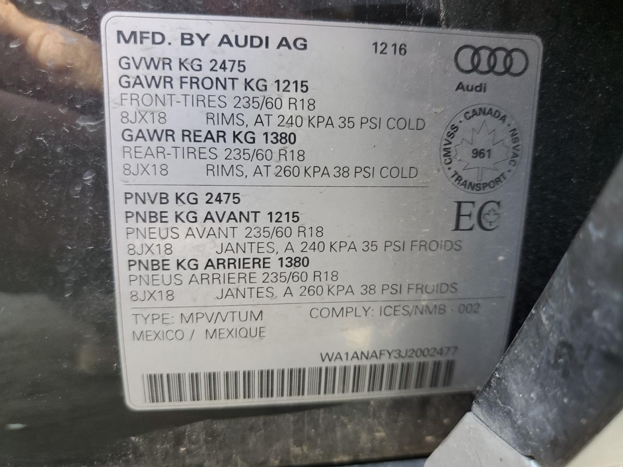 2018 Audi Q5 Premium VIN: WA1ANAFY3J2002477 Lot: 60904575