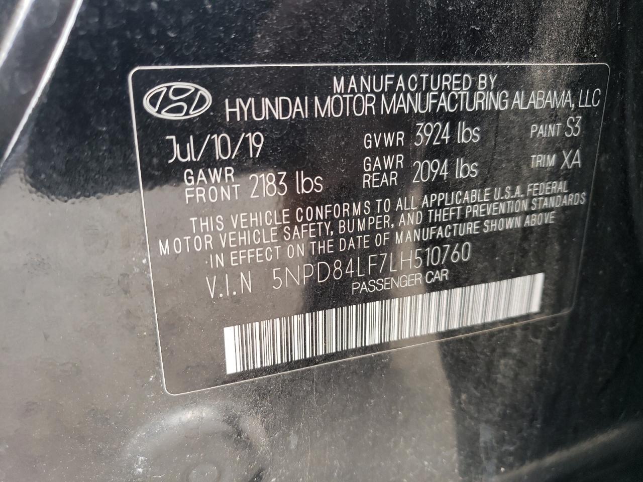 2020 Hyundai Elantra Sel VIN: 5NPD84LF7LH510760 Lot: 66078654