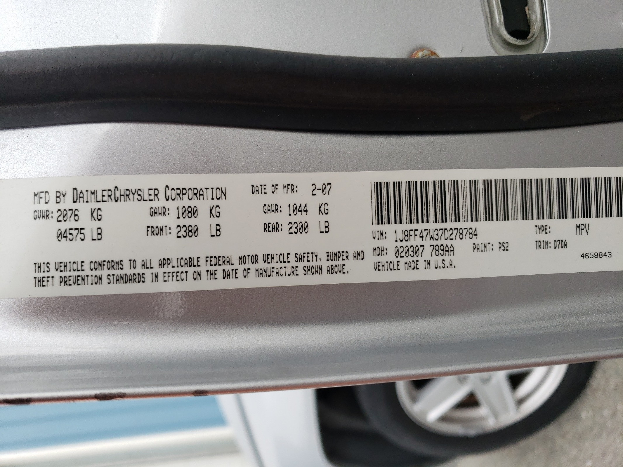 1J8FF47W37D278784 2007 Jeep Compass