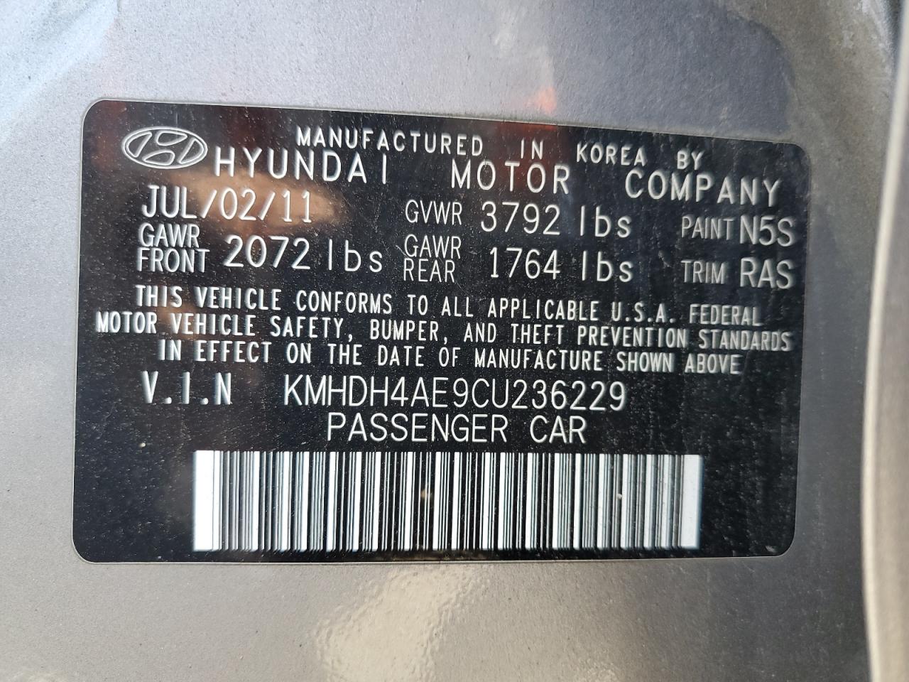 2012 Hyundai Elantra Gls VIN: KMHDH4AE9CU236229 Lot: 67857514