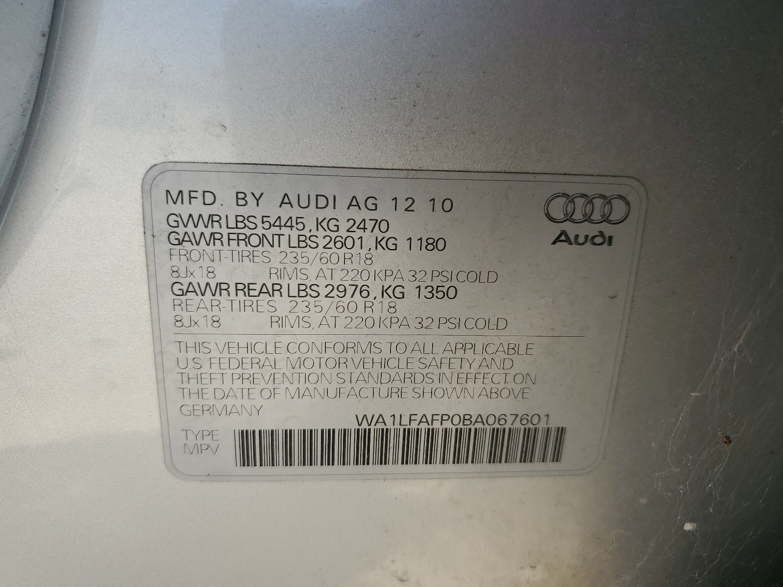 WA1LFAFP0BA067601 2011 Audi Q5 Premium Plus