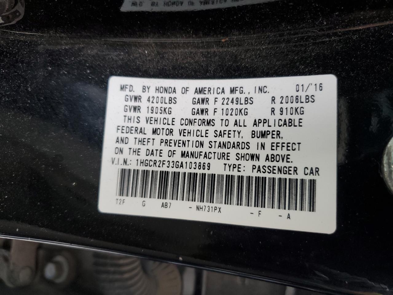 1HGCR2F33GA103869 2016 Honda Accord Lx