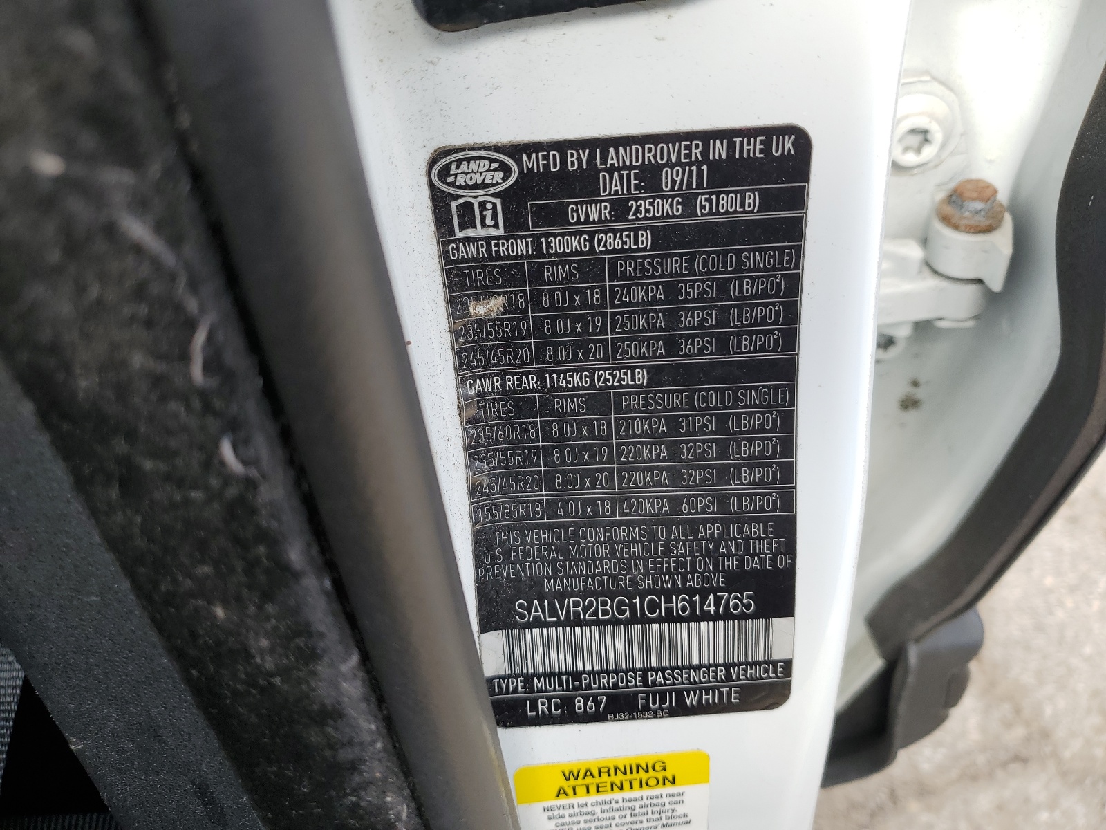 SALVR2BG1CH614765 2012 Land Rover Range Rover Evoque Pure Premium