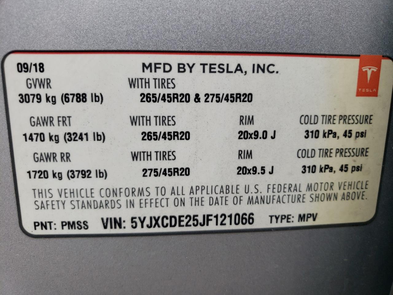 2018 Tesla Model X VIN: 5YJXCDE25JF121066 Lot: 67670764