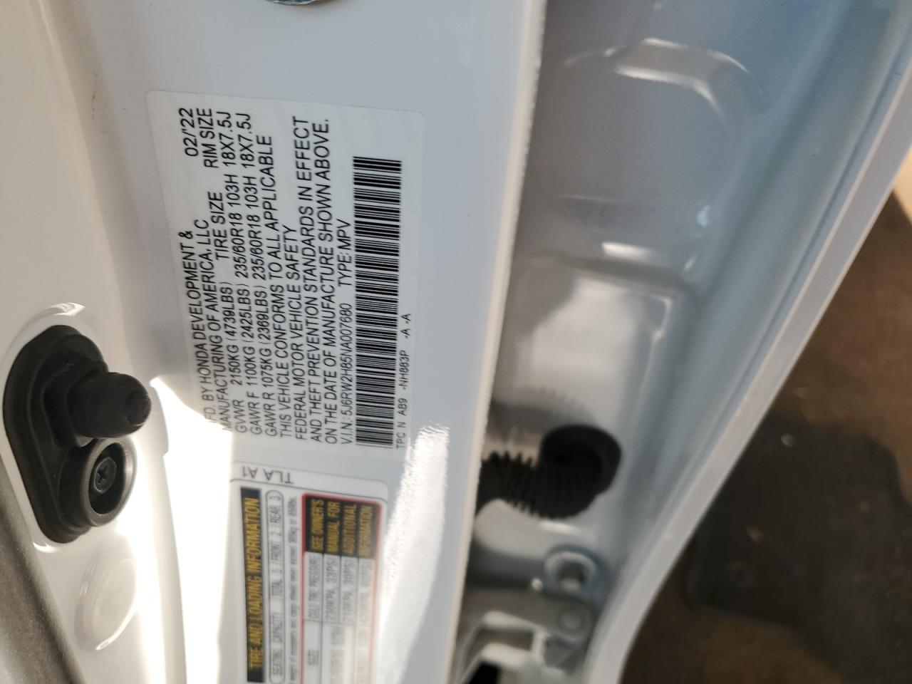 2022 Honda Cr-V Exl VIN: 5J6RW2H85NA007680 Lot: 65363364