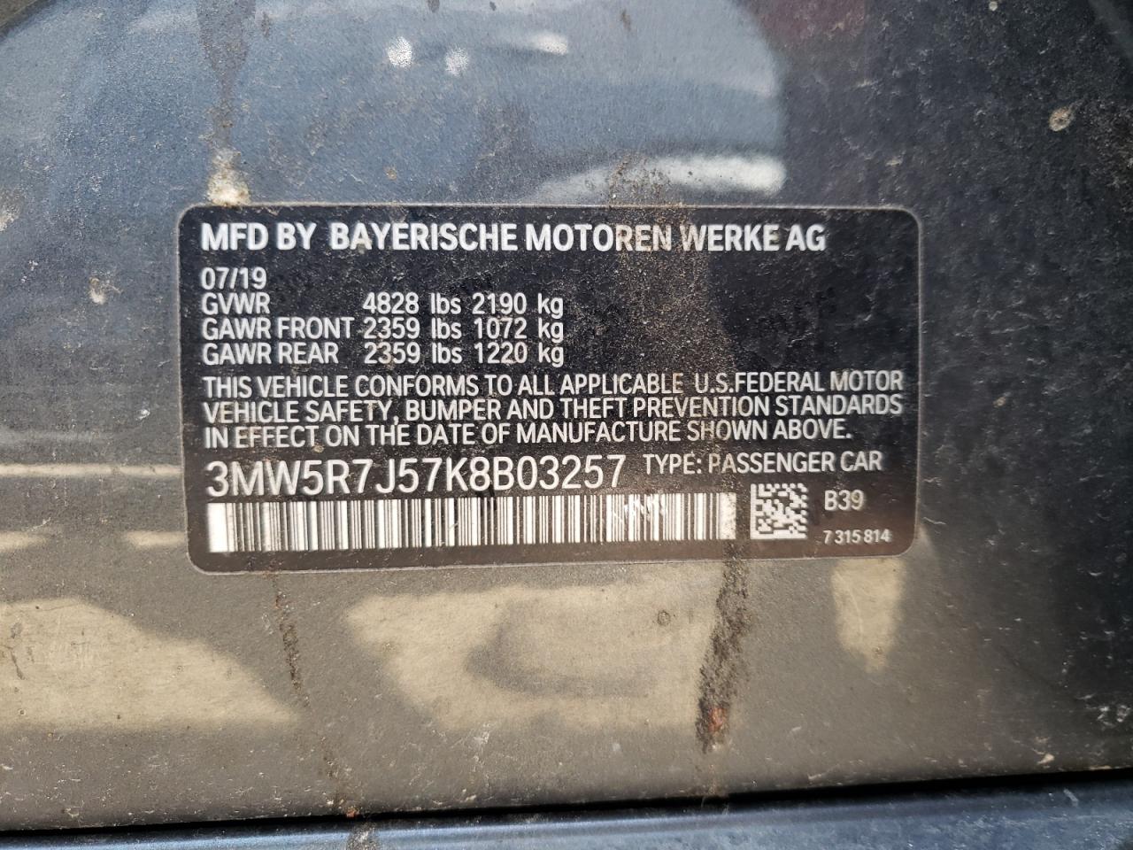 2019 BMW 330Xi VIN: 3MW5R7J57K8B03257 Lot: 66535744