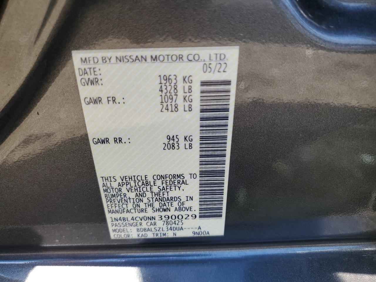 2022 Nissan Altima Sr VIN: 1N4BL4CV0NN390029 Lot: 66391044