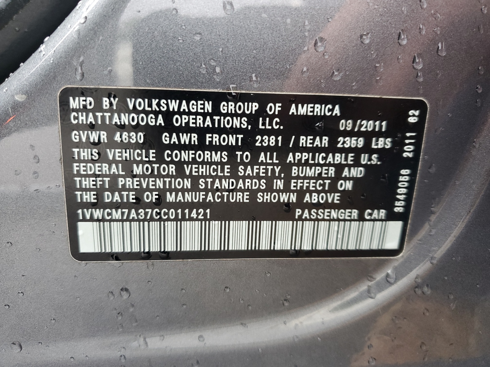 1VWCM7A37CC011421 2012 Volkswagen Passat Sel