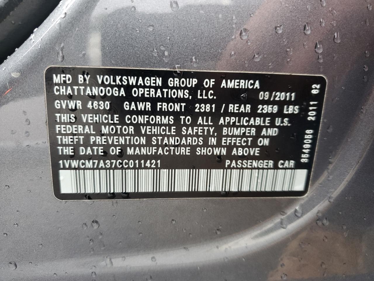 2012 Volkswagen Passat Sel VIN: 1VWCM7A37CC011421 Lot: 65205784