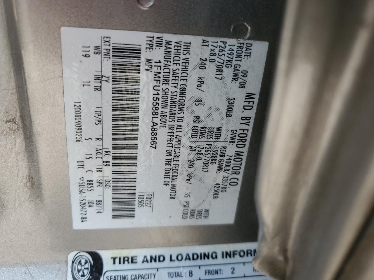 2008 Ford Expedition Xlt VIN: 1FMFU15588LA88567 Lot: 68440274