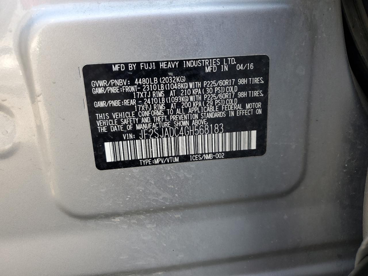 JF2SJADC4GH568183 2016 Subaru Forester 2.5I Premium