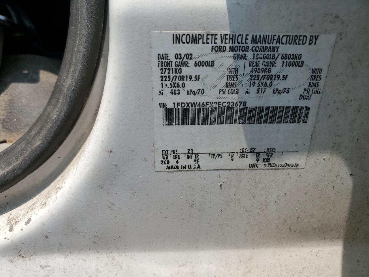 2002 Ford F450 Super Duty VIN: 1FDXW46FX2EC23678 Lot: 67721364