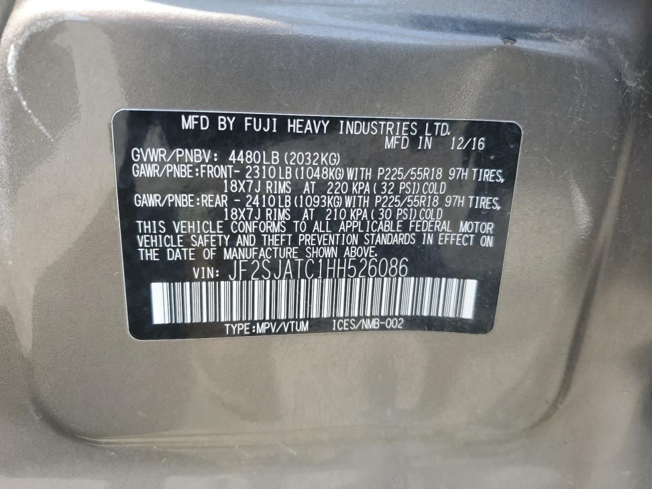 2017 Subaru Forester 2.5I Touring VIN: JF2SJATC1HH526086 Lot: 68387574