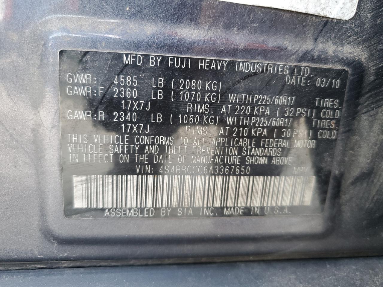 2010 Subaru Outback 2.5I Premium VIN: 4S4BRCCC6A3367650 Lot: 68425284