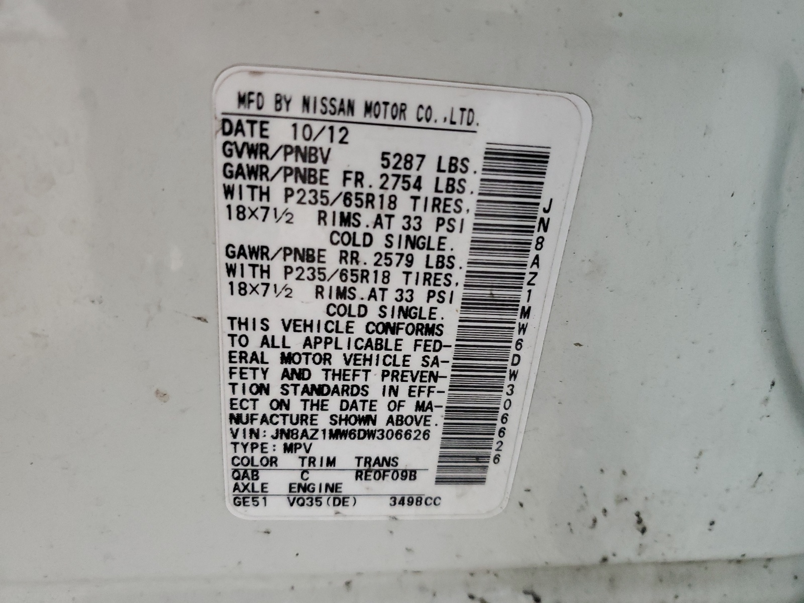 JN8AZ1MW6DW306626 2013 Nissan Murano S