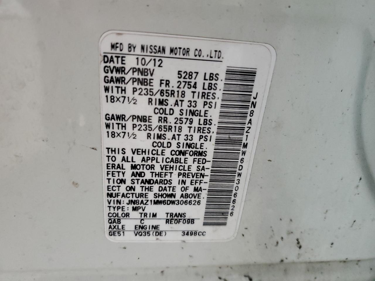 2013 Nissan Murano S VIN: JN8AZ1MW6DW306626 Lot: 66700044