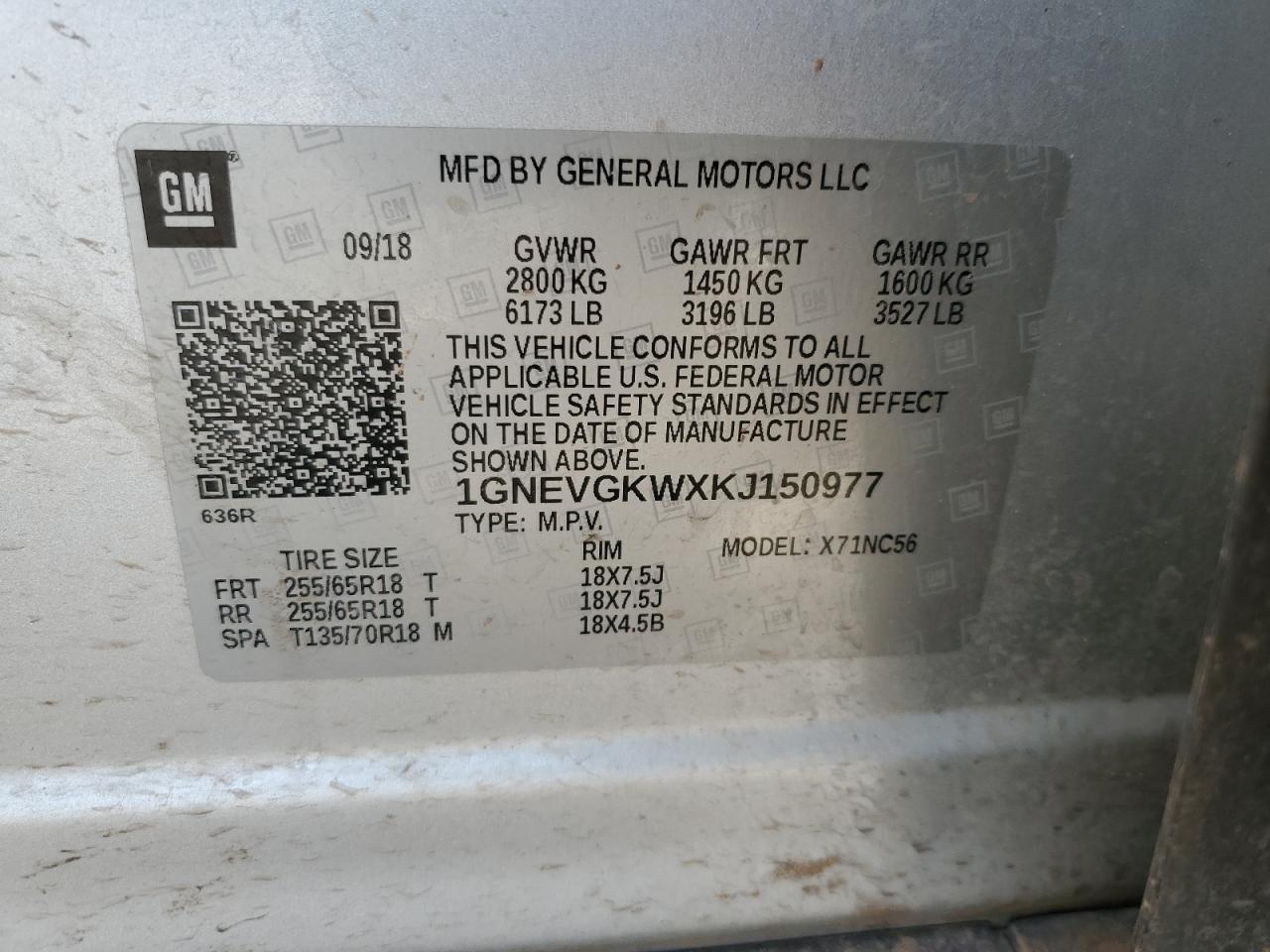 1GNEVGKWXKJ150977 2019 Chevrolet Traverse Lt