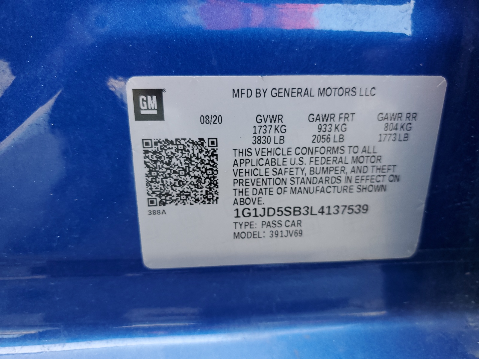 1G1JD5SB3L4137539 2020 Chevrolet Sonic Lt