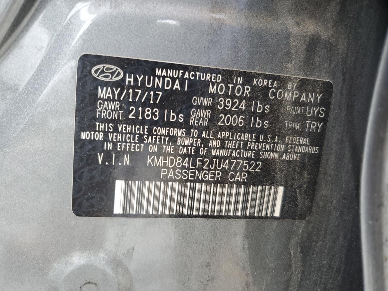 2018 Hyundai Elantra Sel VIN: KMHD84LF2JU477522 Lot: 66679684