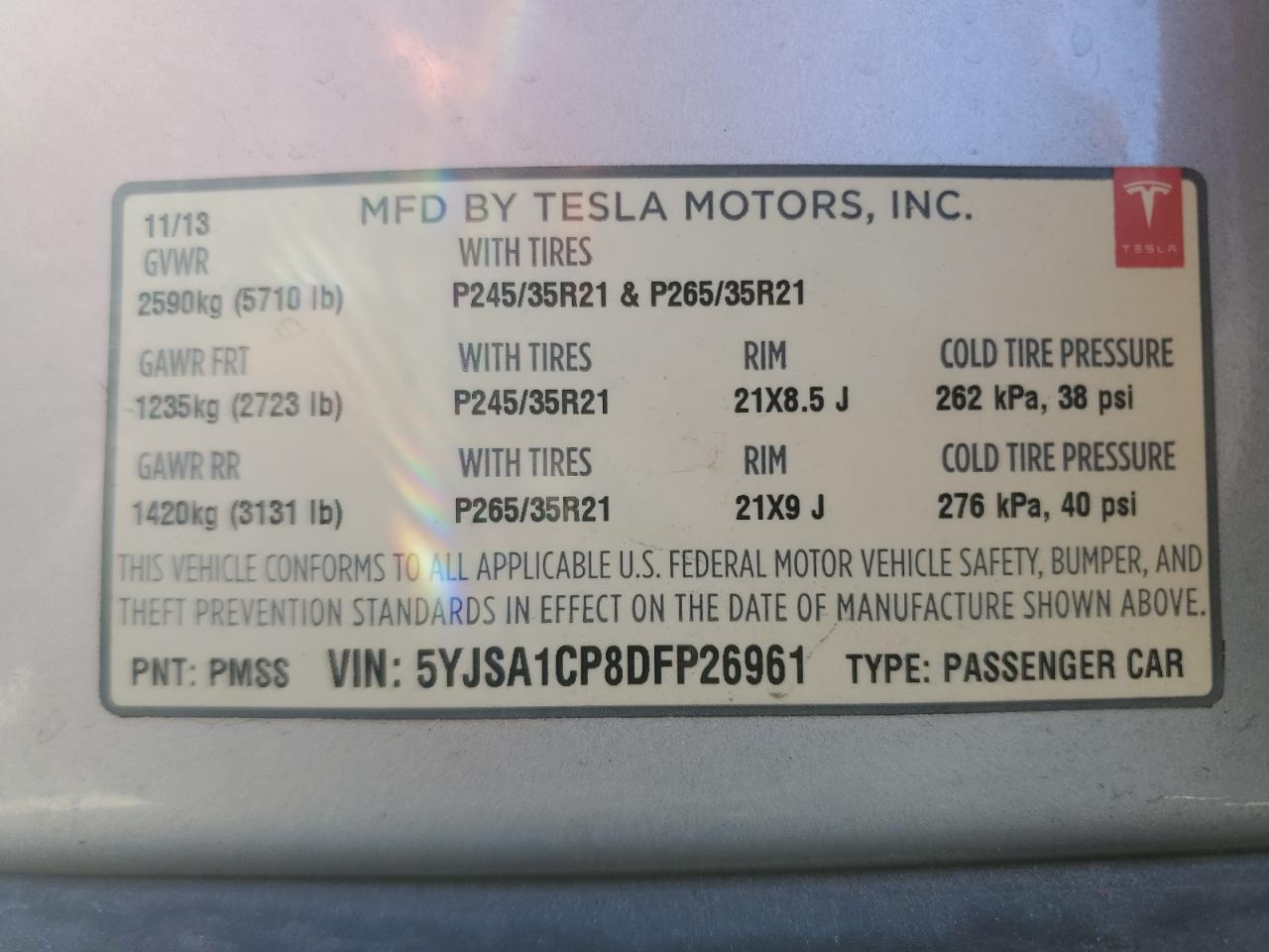 2013 Tesla Model S VIN: 5YJSA1CP8DFP26961 Lot: 69292124