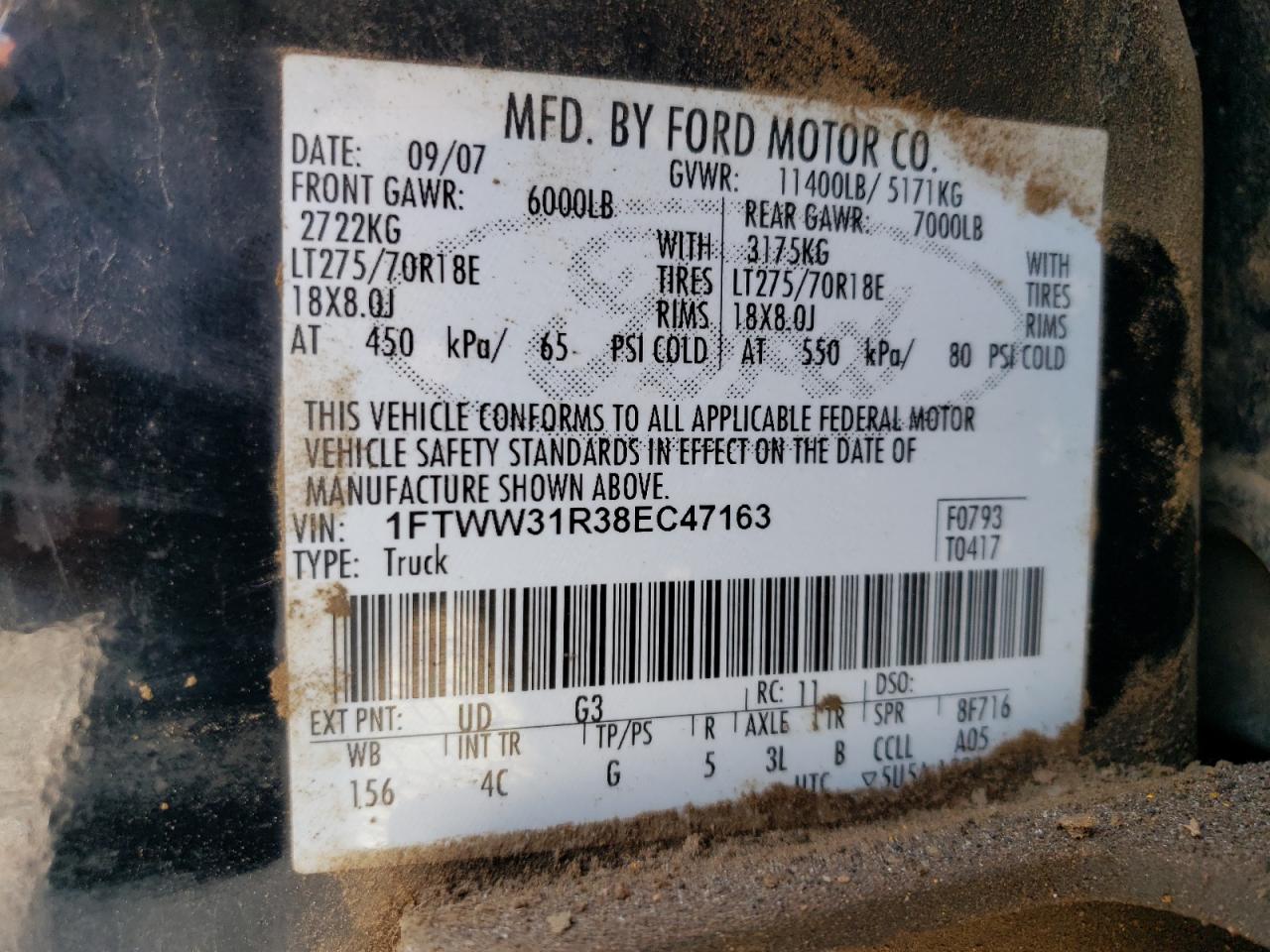 2008 Ford F350 Srw Super Duty VIN: 1FTWW31R38EC47163 Lot: 66555584