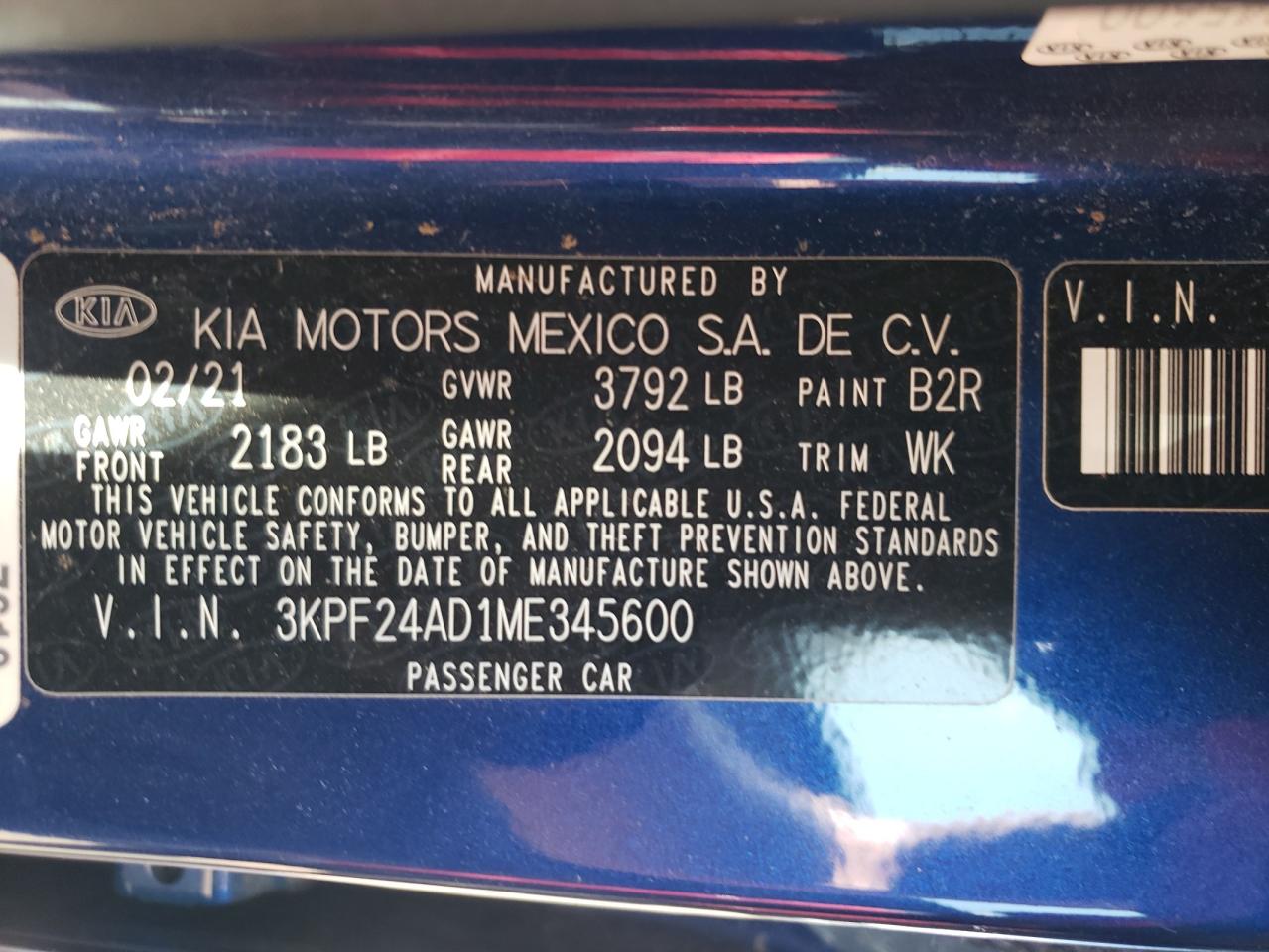 3KPF24AD1ME345600 2021 Kia Forte Fe