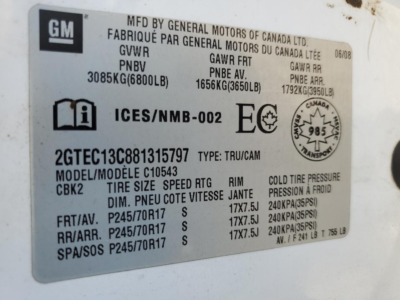 2008 GMC Sierra C1500 VIN: 2GTEC13C881315797 Lot: 66180114