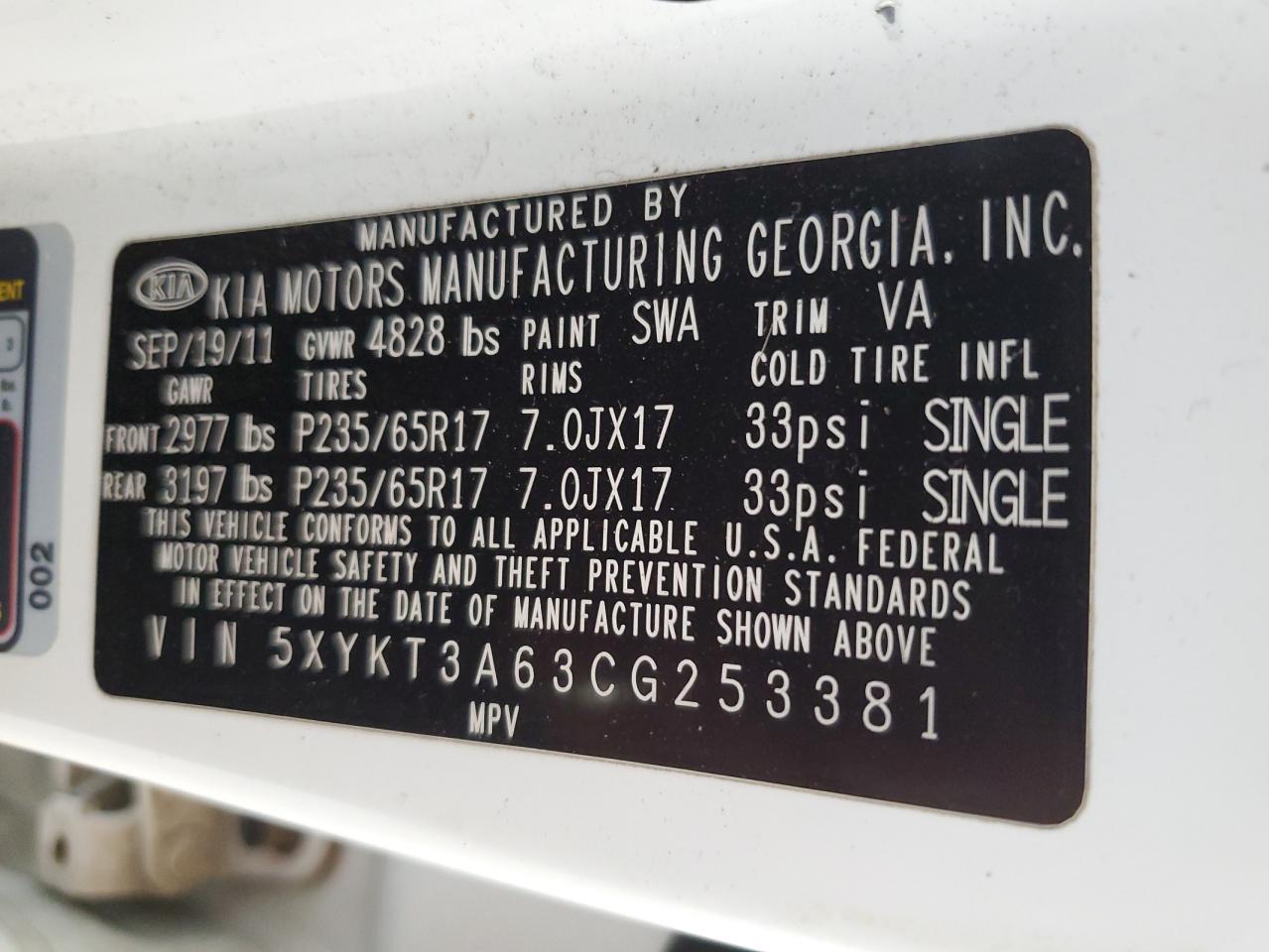 2012 Kia Sorento Base VIN: 5XYKT3A63CG253381 Lot: 65639434