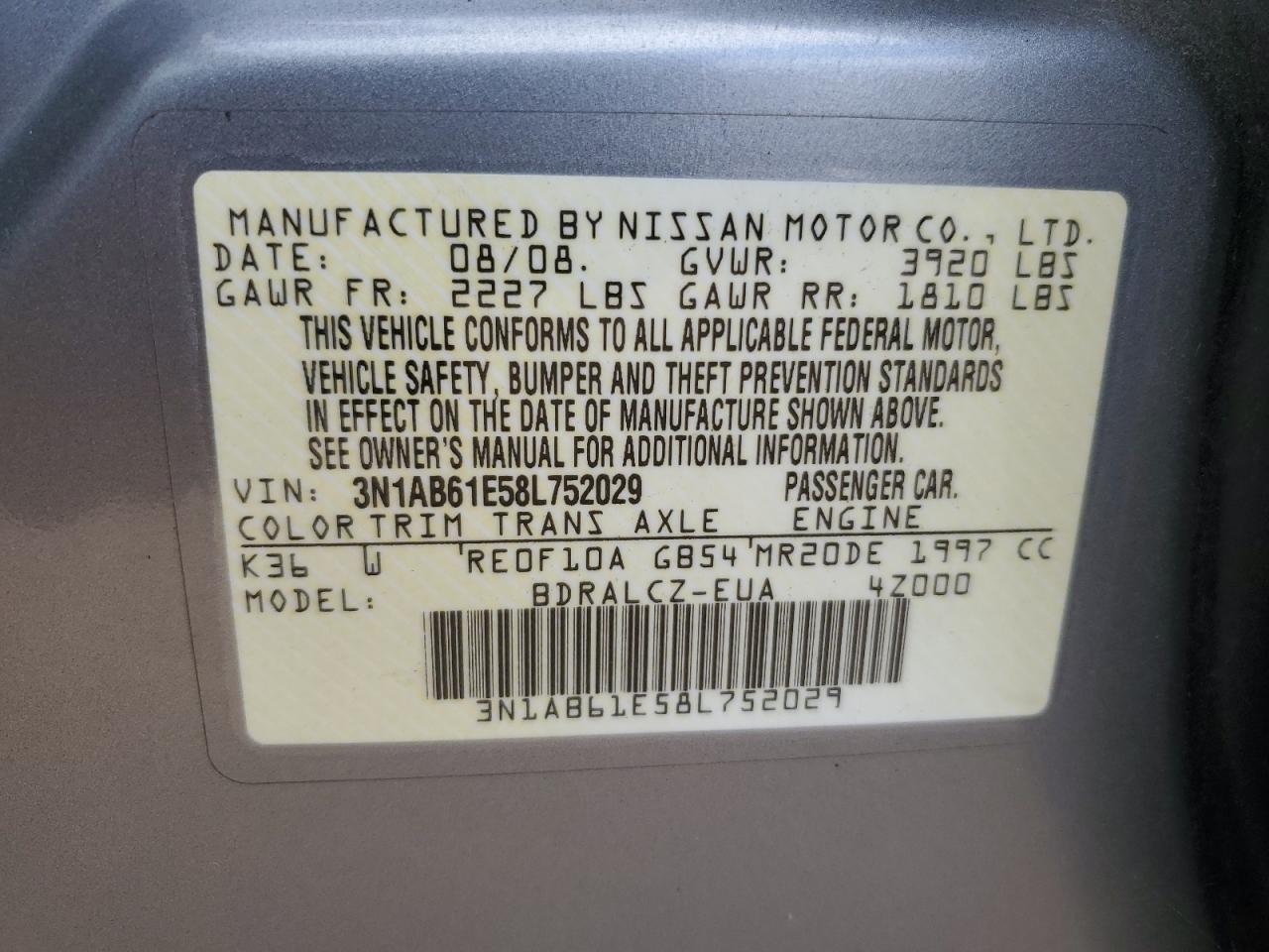 3N1AB61E58L752029 2008 Nissan Sentra 2.0